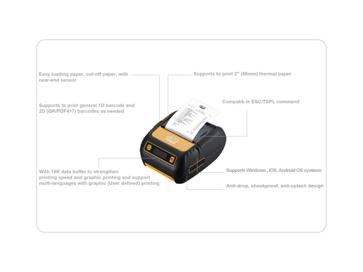 Adesso NUPRINT220B Bluetooth 2″ (58mm) Thermal Receipt Printer